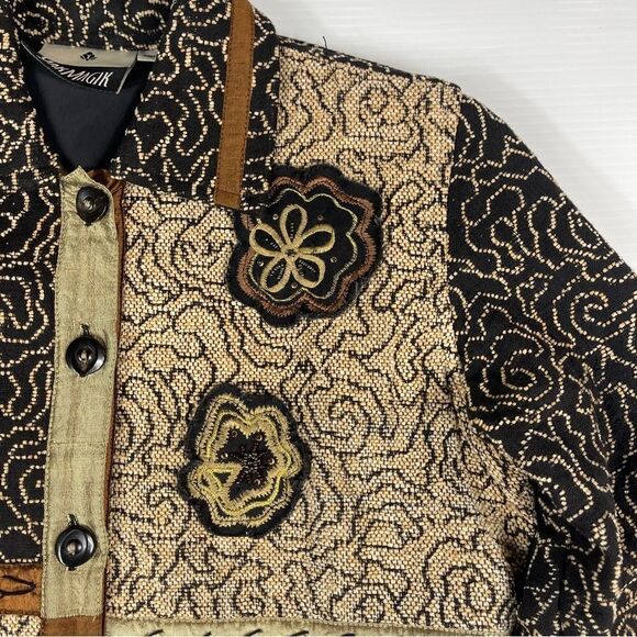 Yak Magik Jacket Embroidered Beaded Silk Women's Size S Blanket Coat Black Tan - Picture 4 of 10
